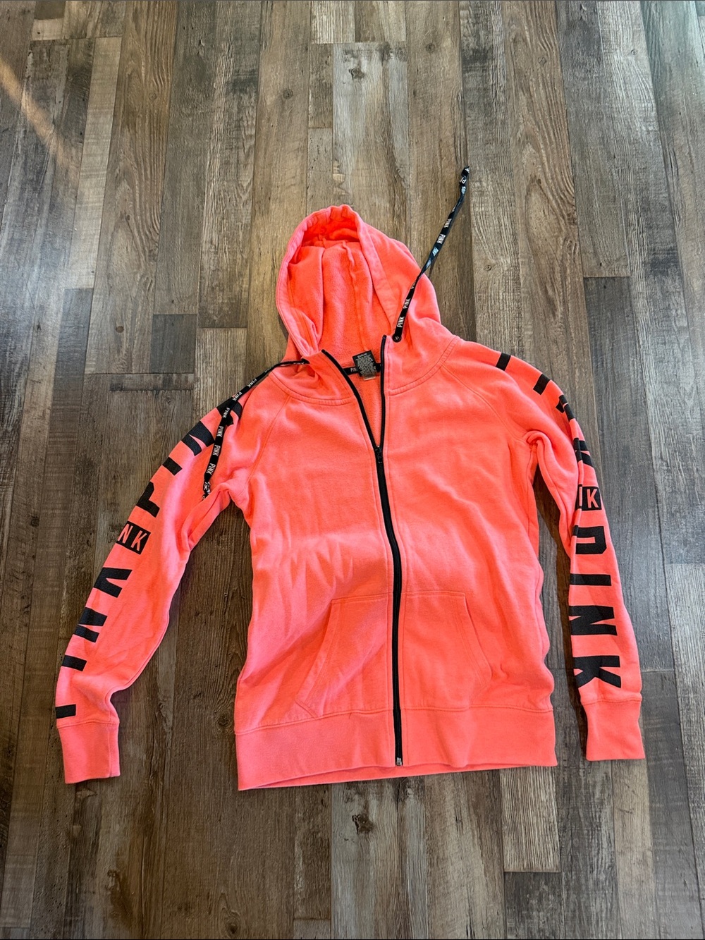 PINK Victoria's Secret Neon Coral Zip Hoodie with Black Logo Sz S pit to pit 20”